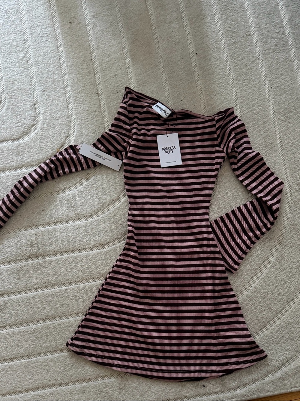 Princess Polly Pink and Black Striped Long Sleeve Off the Shoulder Dress